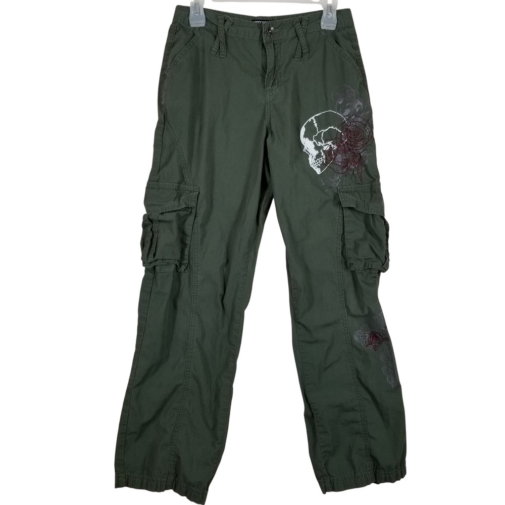 Hot Topic Womens Cargo Pants Olive Green Skull Rose Graphic Size 3 Y2K Grunge